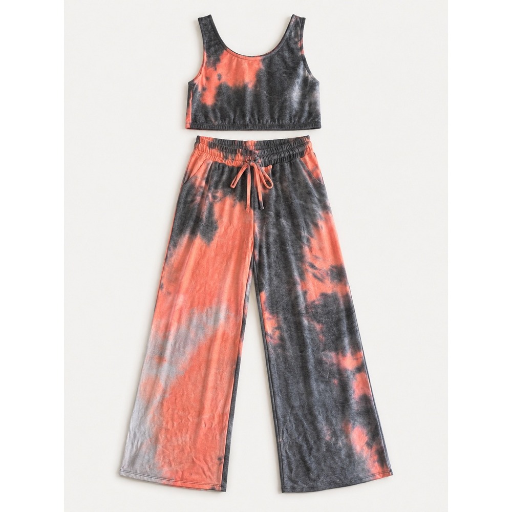 WIN WIN 2 Piece Tie Dye Lounge Set Small Pink Gray Wide Leg Pants & Crop Top New